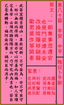 关帝灵签第80签 辛癸 中平 关帝灵签八十