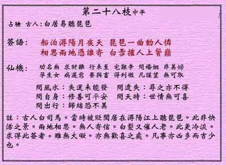 黄大仙灵签第28签 中平 浔阳江听琵琶 黄大仙灵签二十八